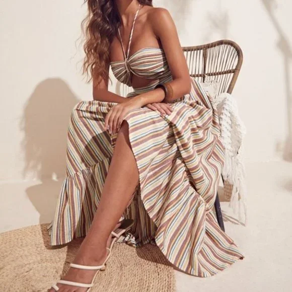 Ruffle Hem Halter Striped Print Maxi Dress - Picture 8 of 11